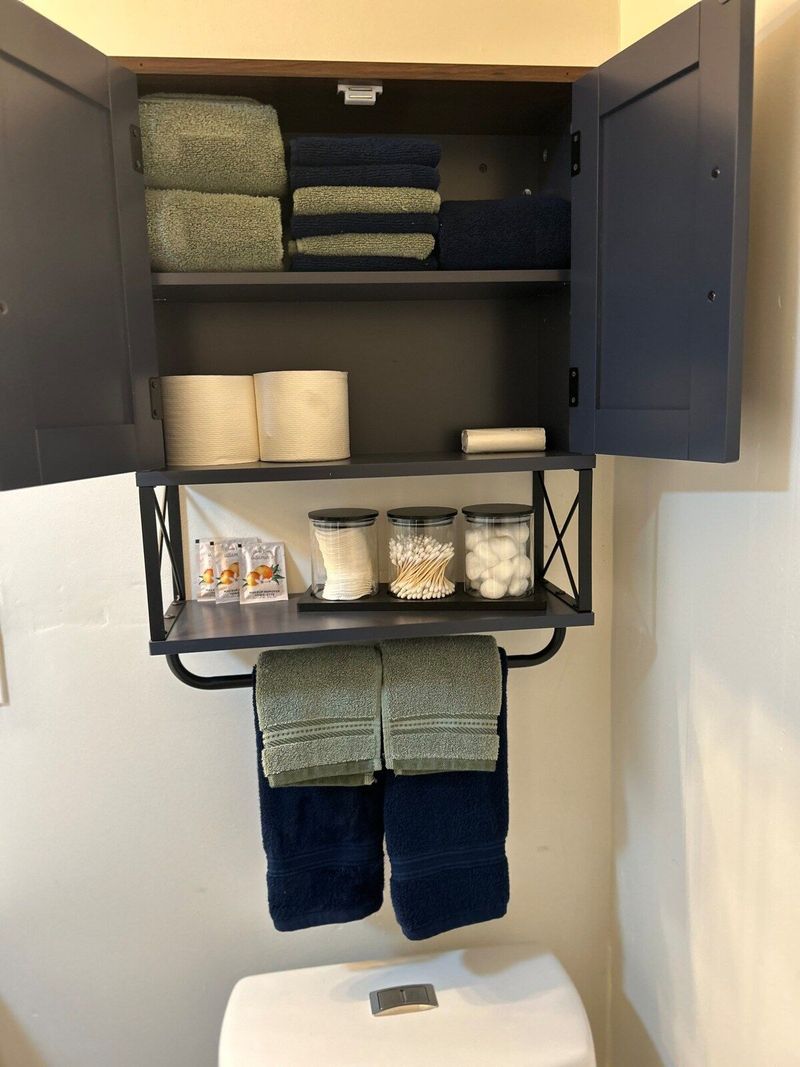 Freshen up after traveling in this fully stocked restroom complete with makeup cloths and towelettes, bath mats, hairdryer, plenty of fluffy towels and washcloths, eco friendly shampoo, conditioner, body wash, lotion and children’s 3-in-1 soap!