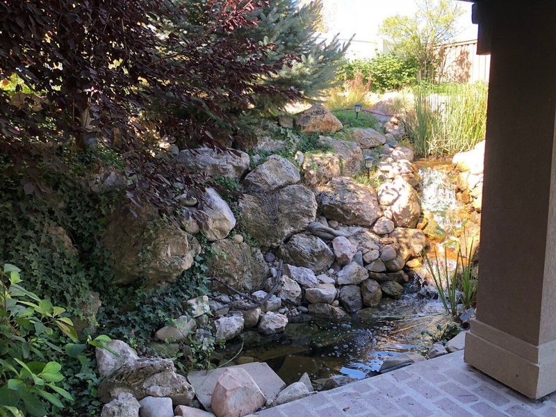 Private, covered patio with waterfall feature