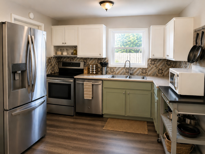 Bright, fully equipped kitchen with modern appliances, a dishwasher, and a cozy dining area for enjoying meals together.