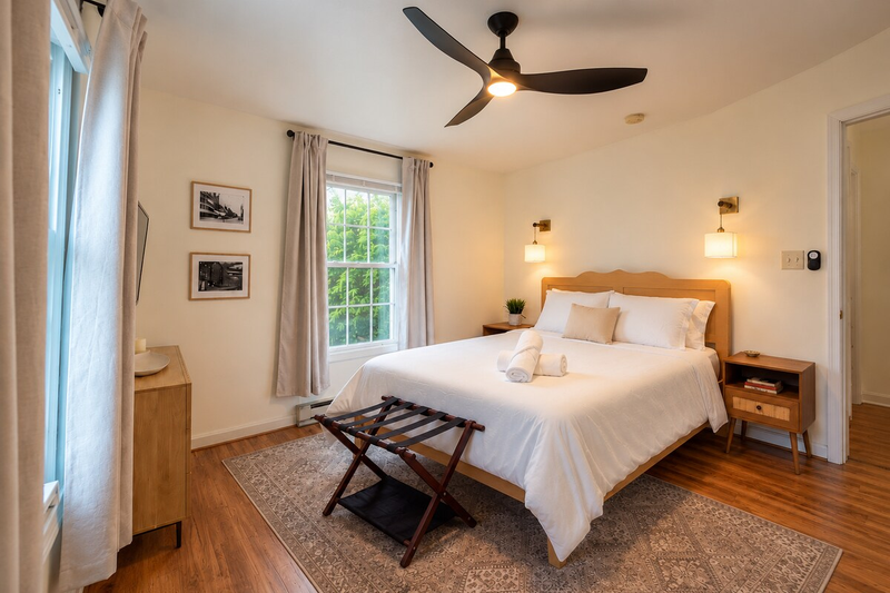 A Queen bed dressed for a genuinely good night’s sleep. Self check in means you can walk straight in and settle as soon as you arrive. 