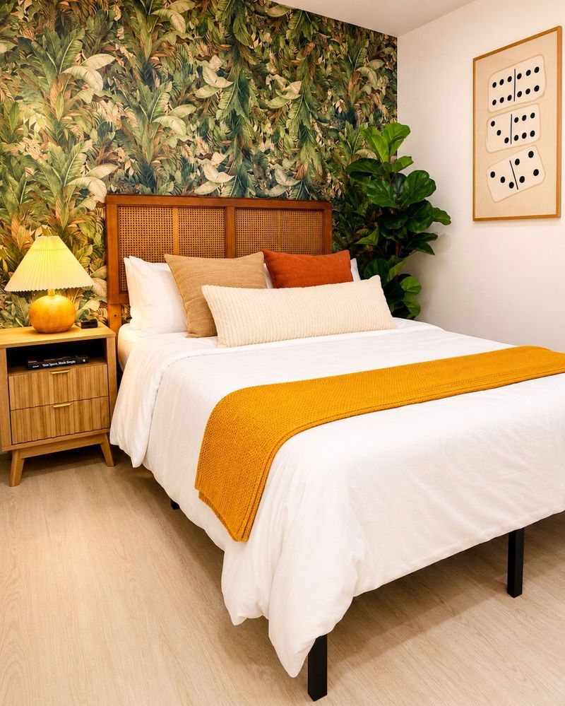 Bedroom 1 with a queen bed and tropical decor.